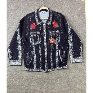 Johnny Was Jacket Womens‎ Large Navy Blue Floral Embroidered 100% Wool Knit